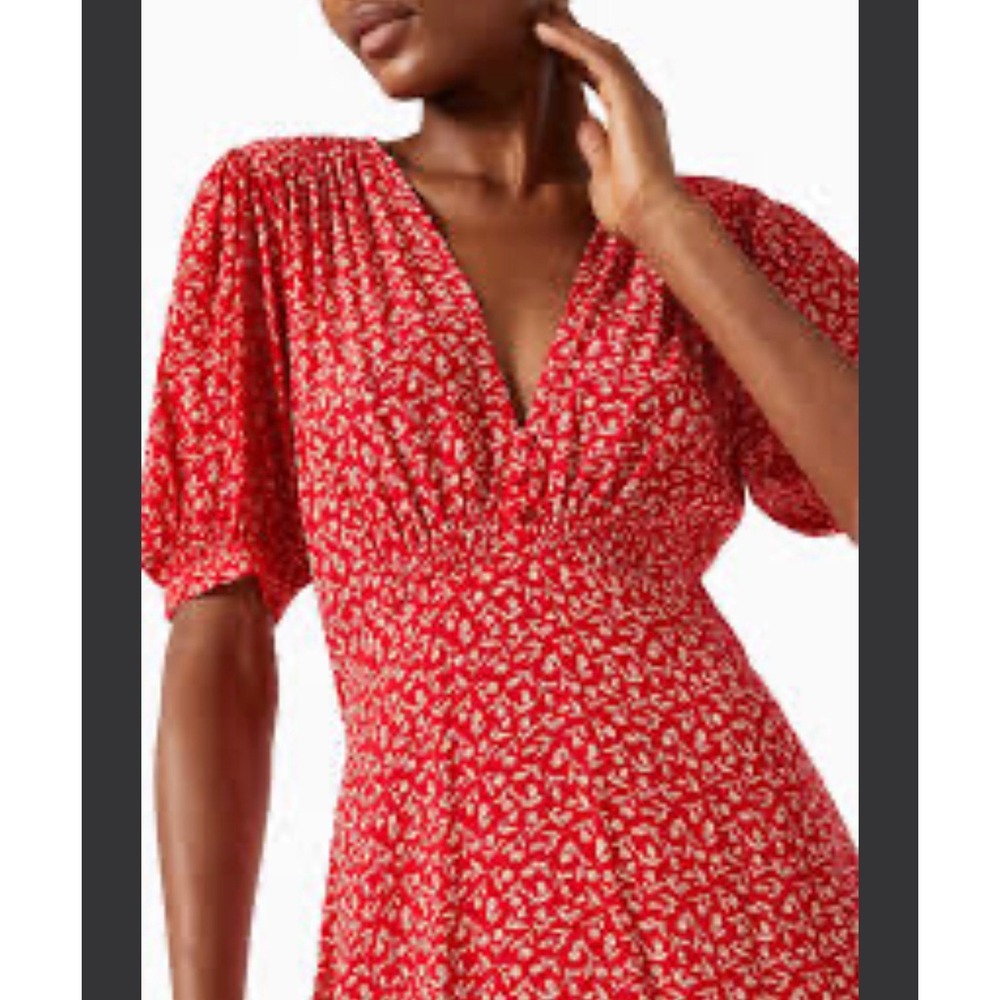 Faithfull The Brand Red Floral V-Neck Midi Dress Short Puff Sleeve Smocked Waist